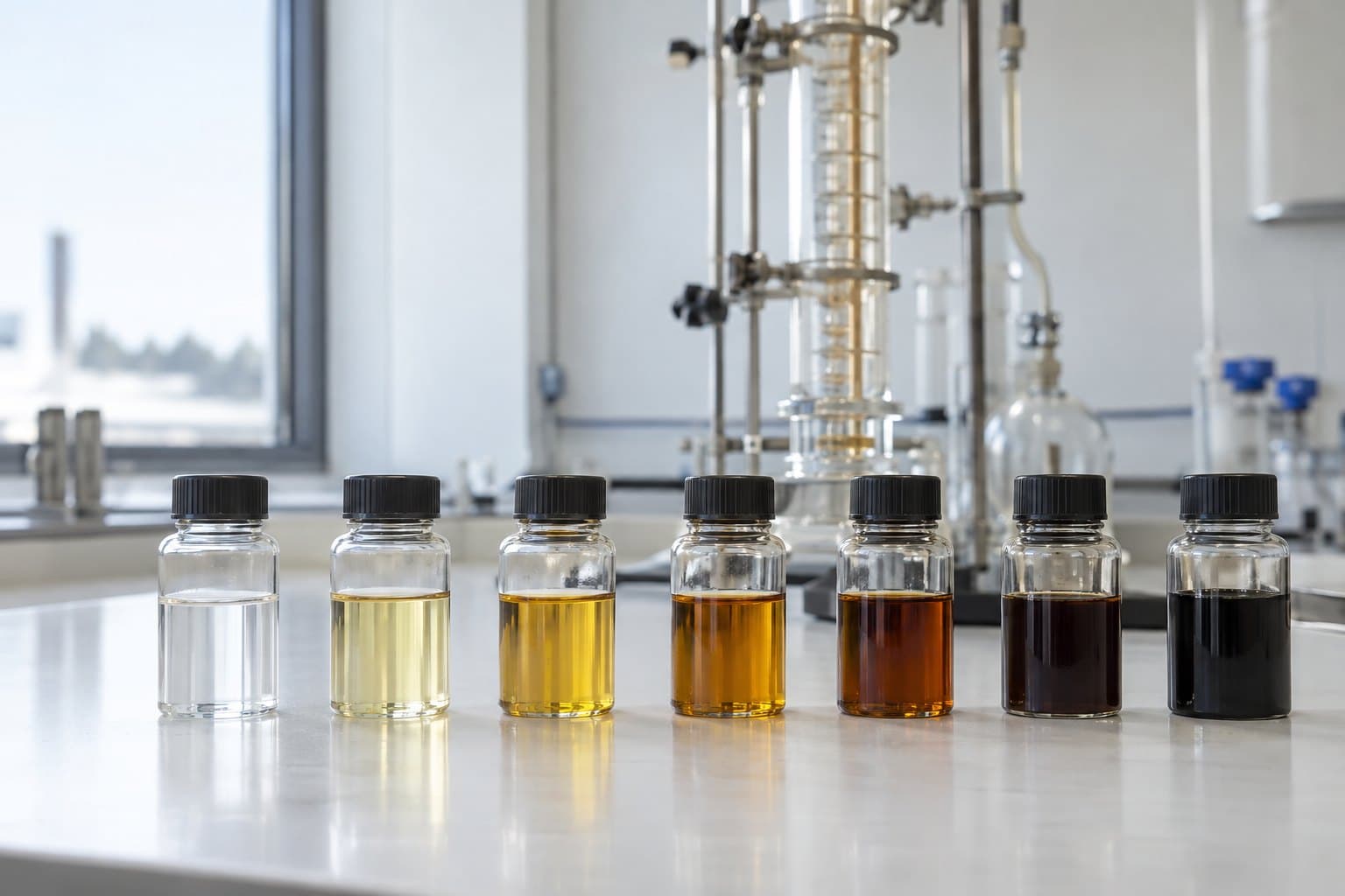 Crude oil distillation fractions in sample vials