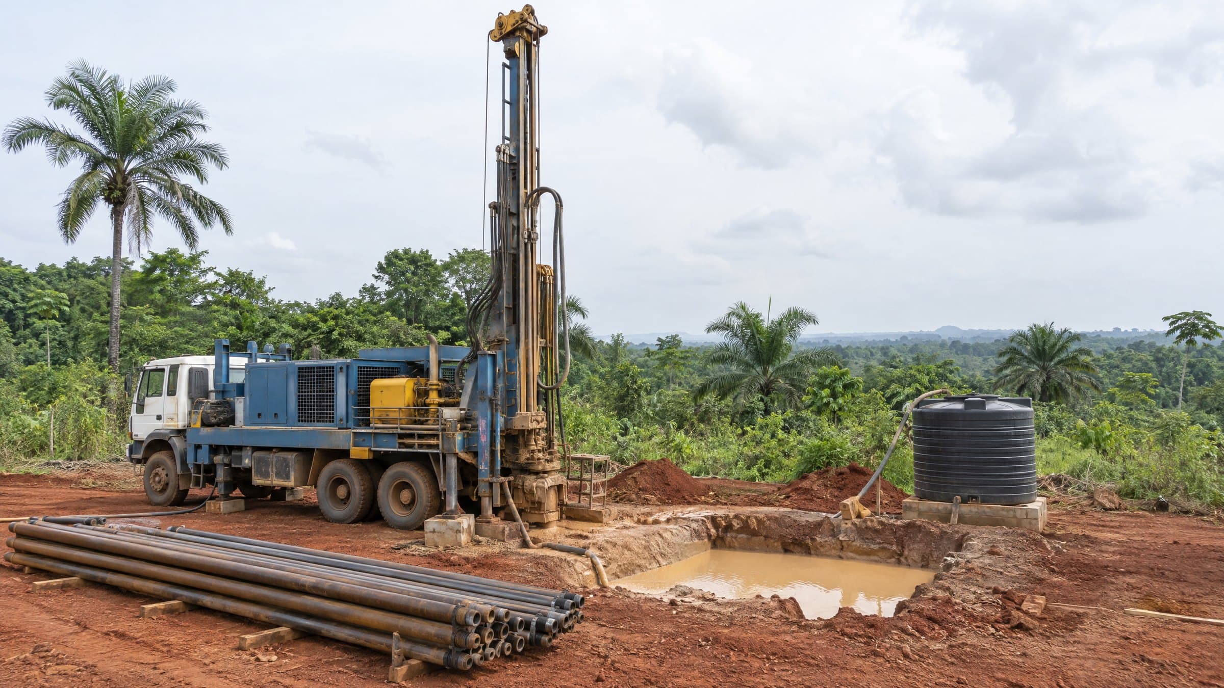 A water borehole drilling rig on a site in southern Nigeria